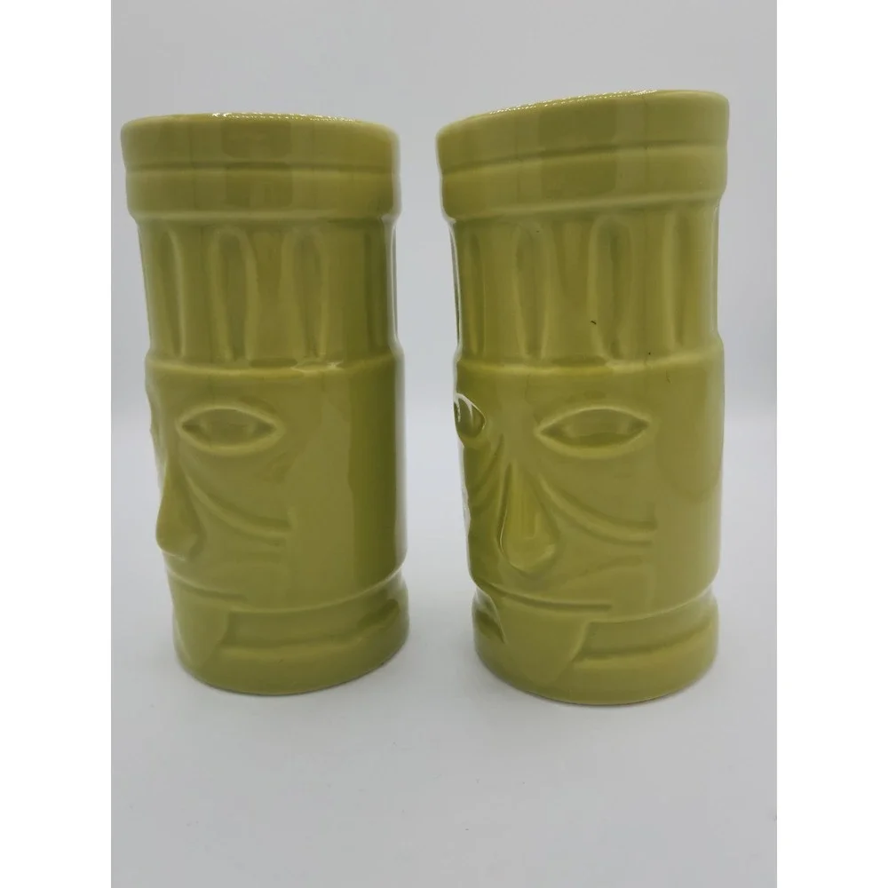 Pair Of Crate and‎ Barrel Lime Green Tiki Tall Hurricane Glasses by Jane Dixon